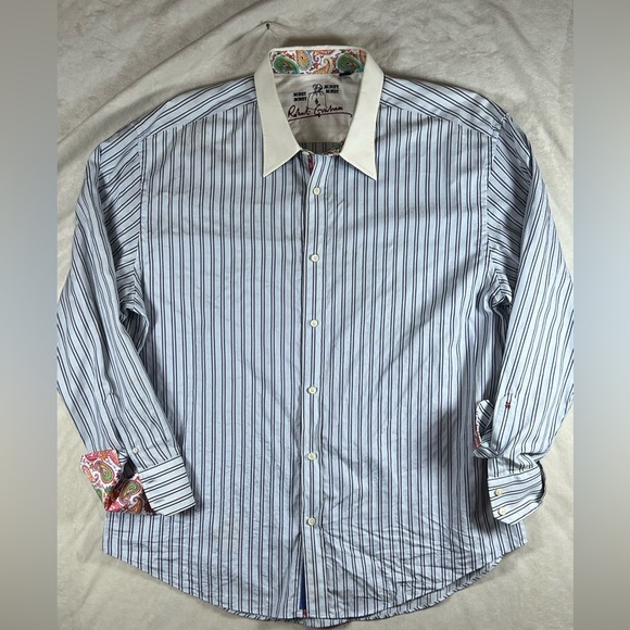 Robert Graham Money Money Blue and White Casual Button Down Shirt Ribbon Collar - Picture 1 of 11